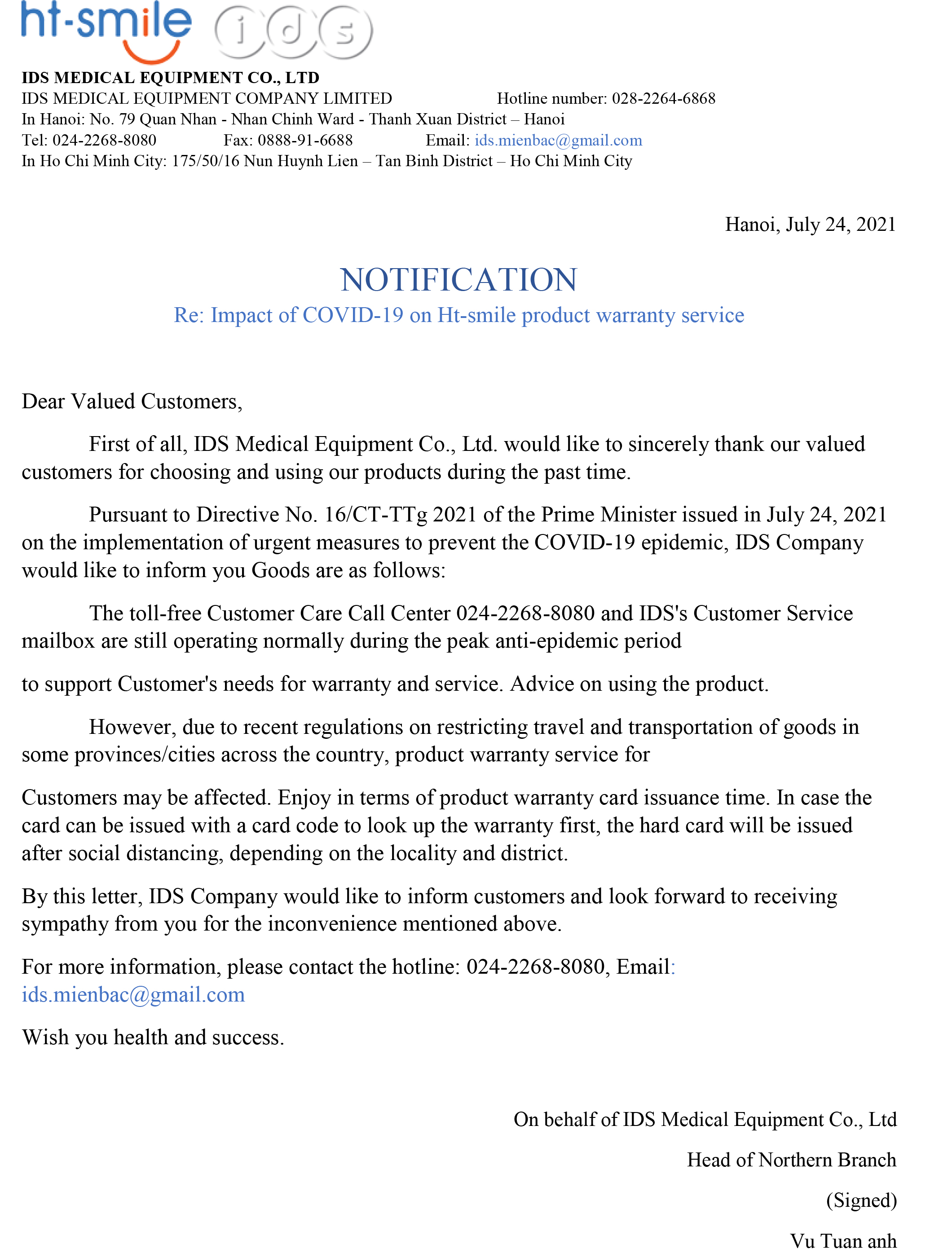 Impact of COVID-19 on Ht-smile product warranty service